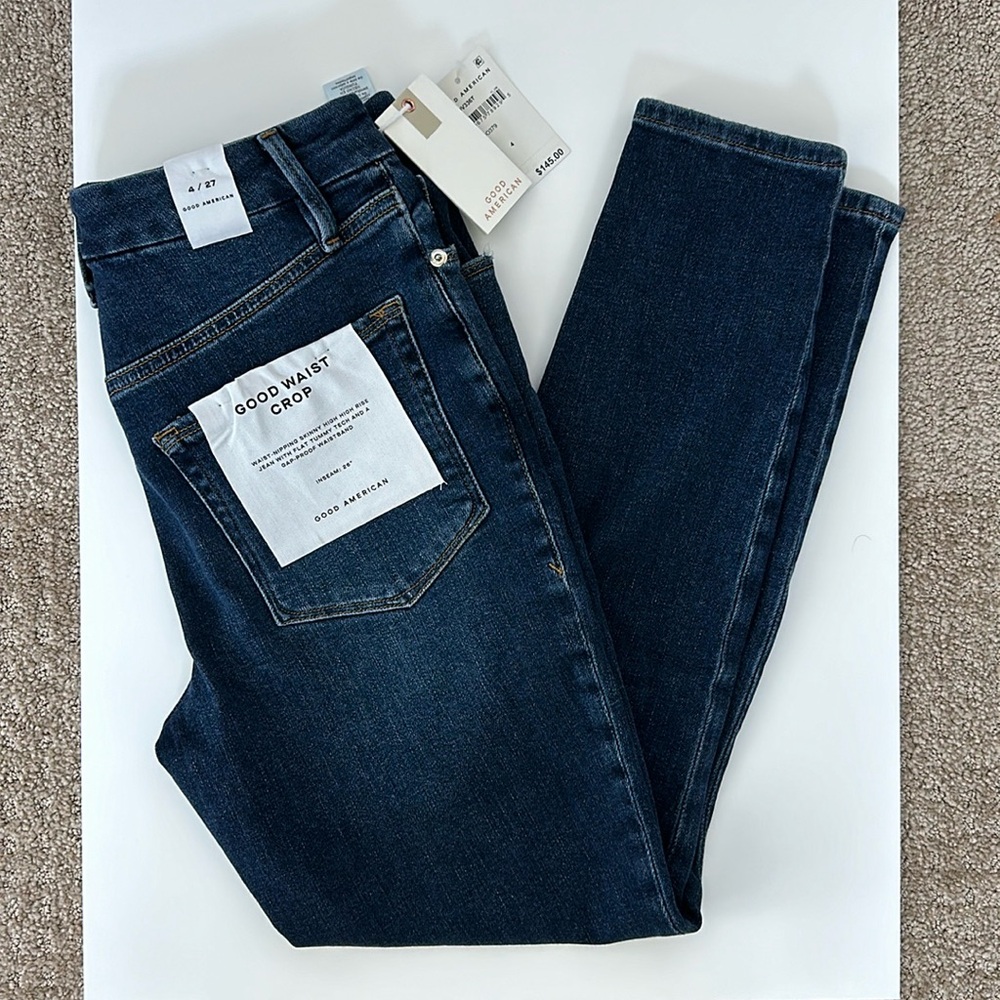 Good American good waist crop inseam 26” indigo379 size 4/27 knee distressed